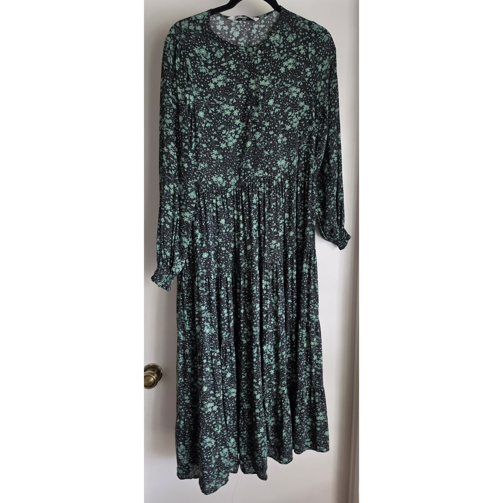 Zara Maxi Dress S Floral Black Green Long Sleeve Casual Boho Gown Frock Modest